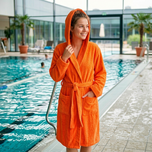 Bademantel orange mit Kapuze Velour - 0389