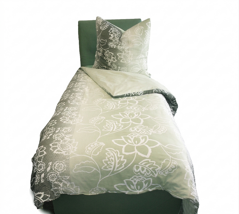 Renforcé - Bettwäsche Objekt 135x200 + 80x80 cm,Hotelverschluß Blume grau/grün Wende  3133